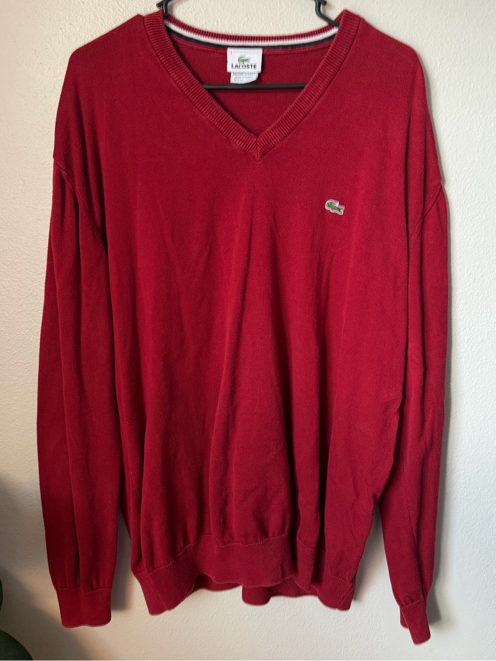Lacoste Sweater Men 2XL Size 7 Brick Red Long Sleeve 100% Cotton Pullover V-Neck